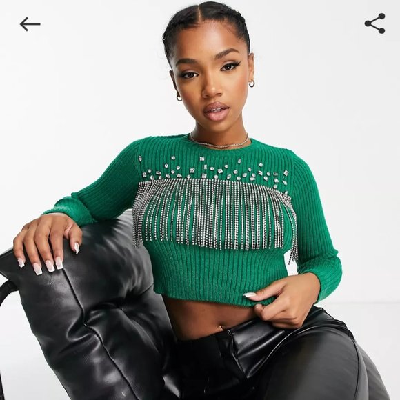 NWOT ASOS Miss Selfride Diamante fringe knit crop sweater - Picture 1 of 4